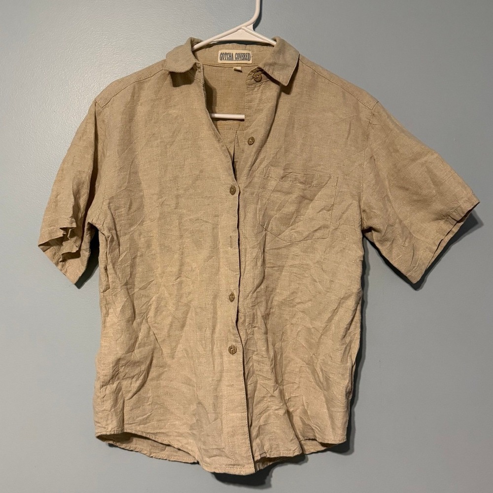 Gotcha Covered Small Tan Linen Cotton Short Sleeve Button Down Shirt Vintage USA